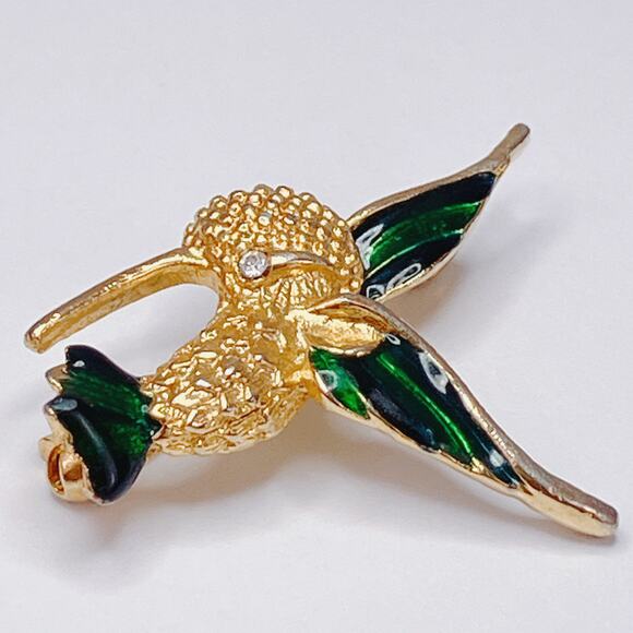 VTG Enamel Hummingbird Brooch Mid Century 60s Rhinestone Figural Gold Tone Pin - Picture 6 of 11